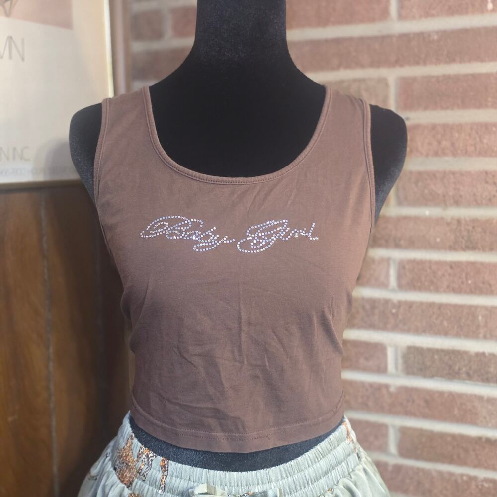 SHEIN Brown "Baby Girl" Rhinestone Graphic Crop Tank Top - (Y2K Style)